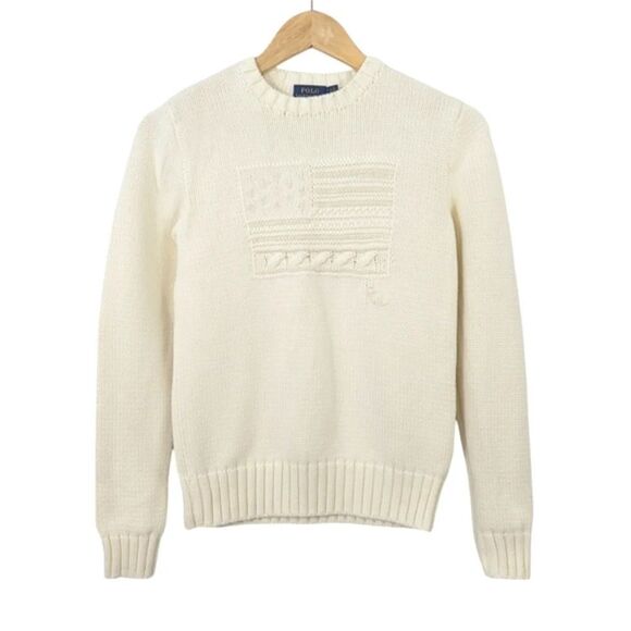 NEW Polo Ralph Lauren Iconic Embroidered American Flag Sweater in Ivory Size S - Picture 2 of 12